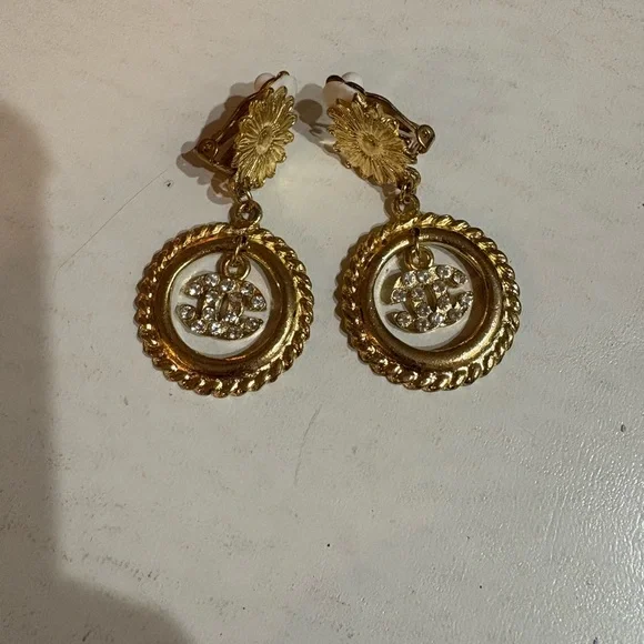 Chanel Gold-Tone Crystal Drop Clip-On Earrings - Picture 1 of 7